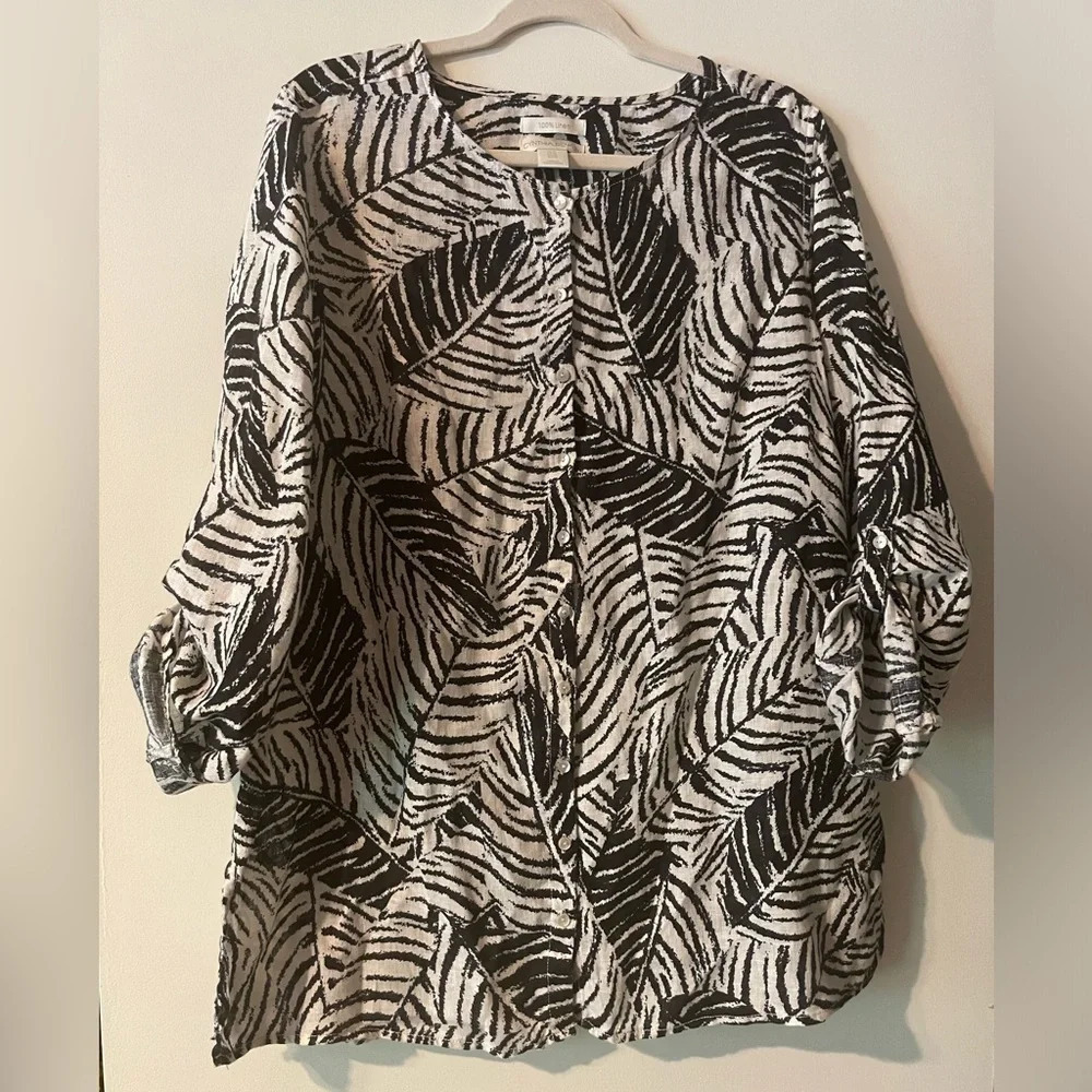 Cynthia Rowley 100% Linen Black White Palm Leaf Button Front Tunic Top Size 1X